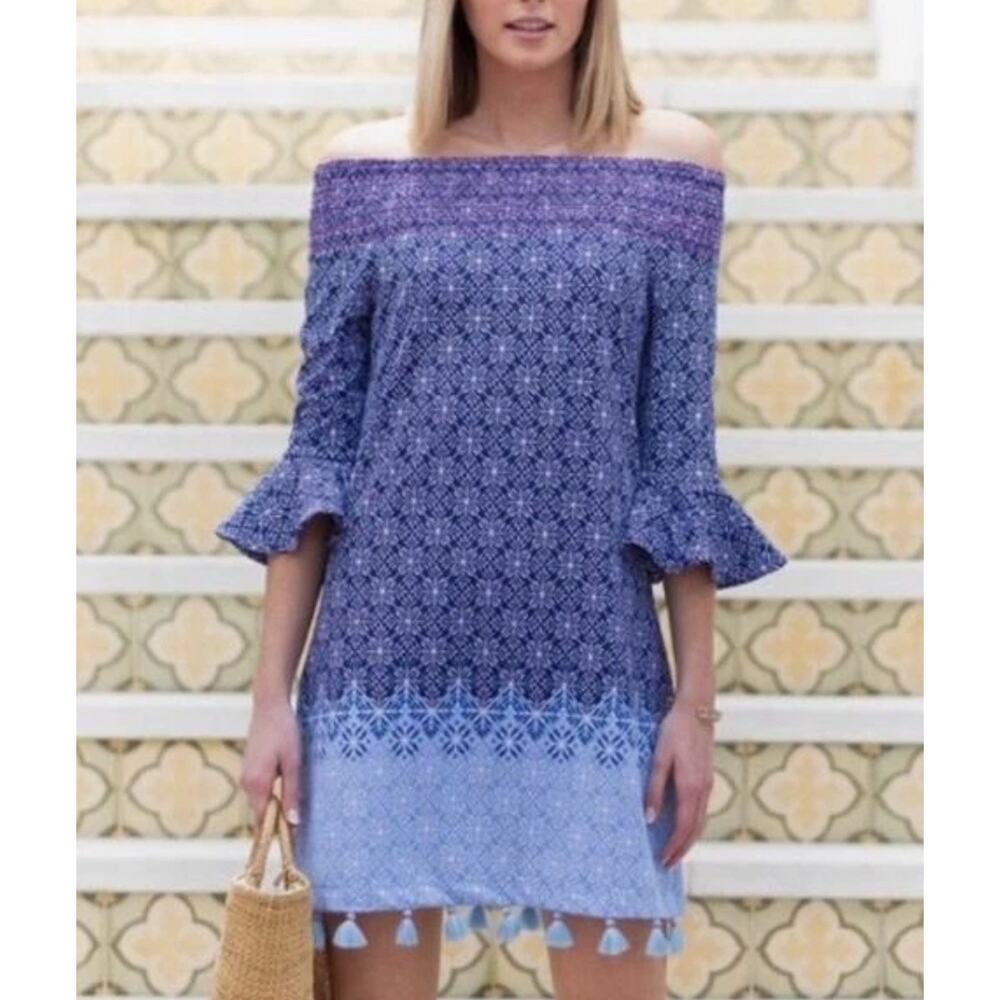 NWT Tuckernuck Cabana Life Lg West Indies Coverluxe Dress Blue Tassel Hem Resort
